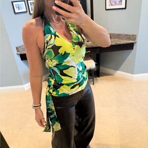 Banana Republic Green and Yellow Floral 100% silk Halter Top size xs